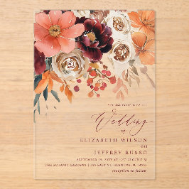 Invitaciones Acrílicas Burgundy Orange Floral Fall Wedding