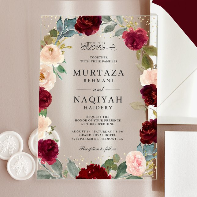 Invitaciones Acrílicas Burgundy Peach Floral Muslim Wedding (Subido por el creador)
