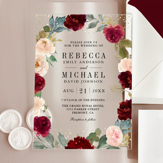 Invitaciones Acrílicas Burgundy Peach Floral Wedding (Subido por el creador)