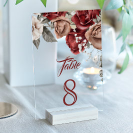 Invitaciones Acrílicas Burgundy Red Roses Wedding Acrylic Table Number