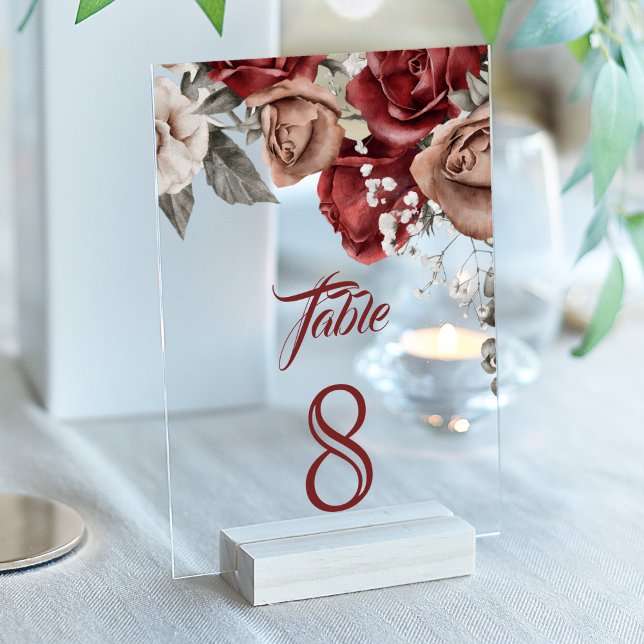 Invitaciones Acrílicas Burgundy Red Roses Wedding Acrylic Table Number (Subido por el creador)