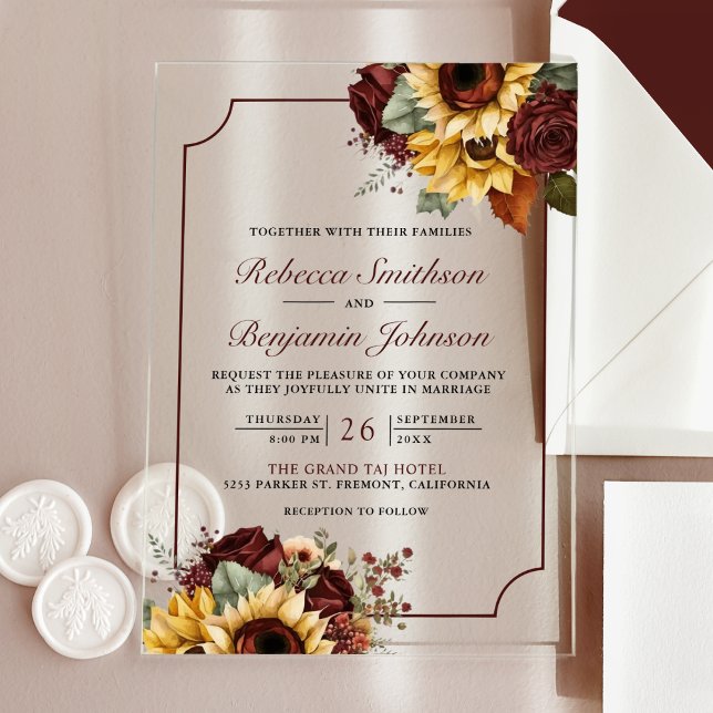 Invitaciones Acrílicas Burgundy Roses Sunflowers Wedding (Subido por el creador)