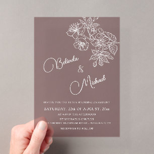 Invitaciones Acrílicas Burgundy Transparente Floral Blanco   Boda