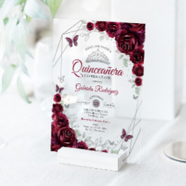 Invitaciones Acrílicas Burgundy Watercolor Floral Quinceanera