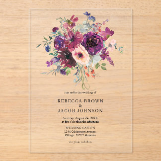 Invitaciones Acrílicas Burgundy Watercolor Flowers Simple Rustic Wedding 