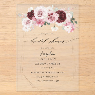 Invitaciones Acrílicas Burgundy y Rosa Floral Ele 6 Desayuno de Novia 3