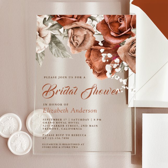 Invitaciones Acrílicas Burnt Orange Roses Terracotta Floral Bridal Shower (Subido por el creador)