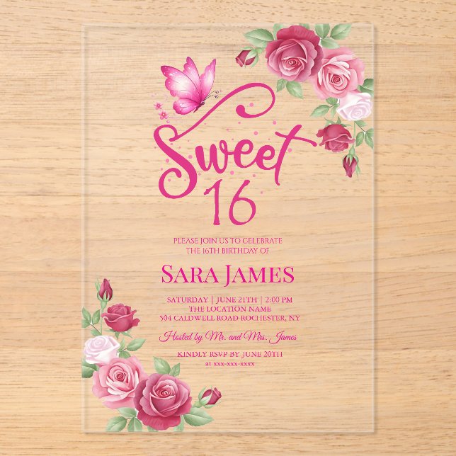 Invitaciones Acrílicas Butterfly Enchanted Rose Sweet 16 Birthday (Anverso)