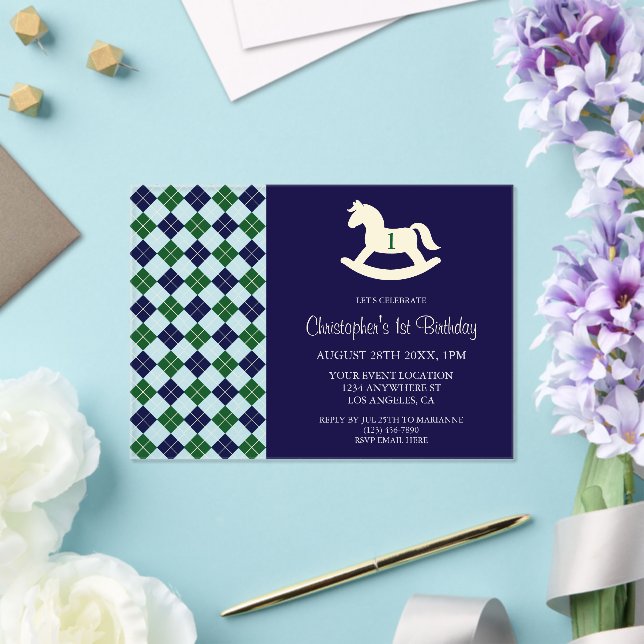 Invitaciones Acrílicas Caballo de Balanza Preppy Argyle Cumpleaños 1 (Insitu (Boda))