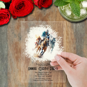 Invitaciones Acrílicas Caballos de carreras y jockeys de Derby en una fie