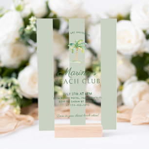 Invitaciones Acrílicas Cabana Verde Costera Stripes Palm Beach Cumpleaños