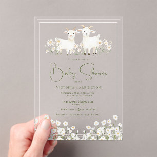 Invitaciones Acrílicas Cabra Cute y Margaritas Baby Shower