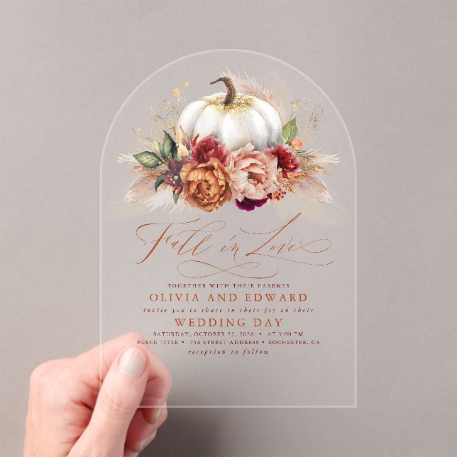 Invitaciones Acrílicas Caer en el amor Elegante Boda Flores de roya Calab (Insitu (portátil))