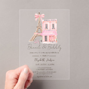 Invitaciones Acrílicas Café París Rayas Rosas Brunch y Burbujas