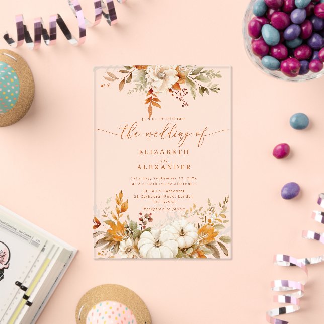 Invitaciones Acrílicas Caída de la boda floral y elegante de terracota (Insitu (Celebración))