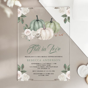 Invitaciones Acrílicas Calabaza Floral Otoño Boda Bridal Shower Verde Sal