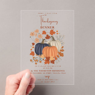 Invitaciones Acrílicas Calabazas rusticas Flores salvajes Cena de Acción 