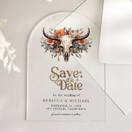 Invitaciones Acrílicas Calavera de vaca floral boda occidental Save the D