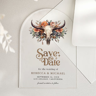 Invitaciones Acrílicas Calavera de vaca floral boda occidental Save the D