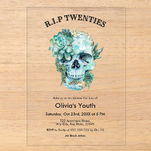 Invitaciones Acrílicas Calavera RIP 20s Cumpleaños 30 Muerte a mi Juventu