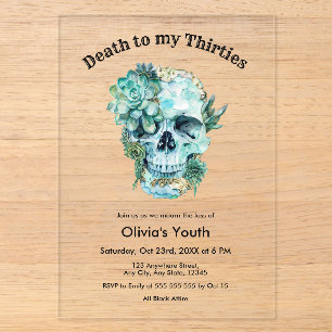 Invitaciones Acrílicas Calavera RIP 30s Cumpleaños 40 Descanse en Paz mis