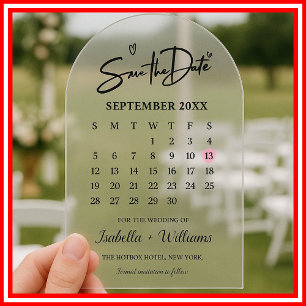 Invitaciones Acrílicas Calendario con Corazón Elegante Foto Boda Moderna 