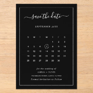 Invitaciones Acrílicas Calendario de acrílico negro minimalista Save the 