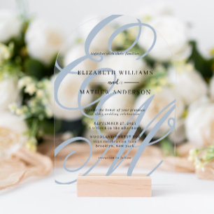 Invitaciones Acrílicas Caligrafía Arco Boda de Monograma Azul Polvo