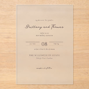 Invitaciones Acrílicas Caligrafía beige elegante