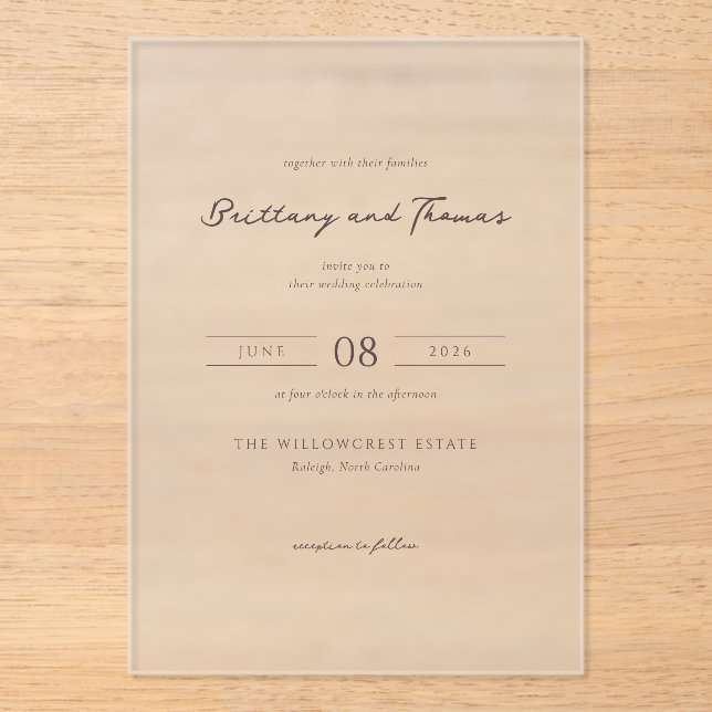 Invitaciones Acrílicas Caligrafía beige elegante (Anverso)