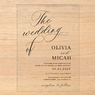 Invitaciones Acrílicas caligrafía elegante y sofisticada boda en blanco y