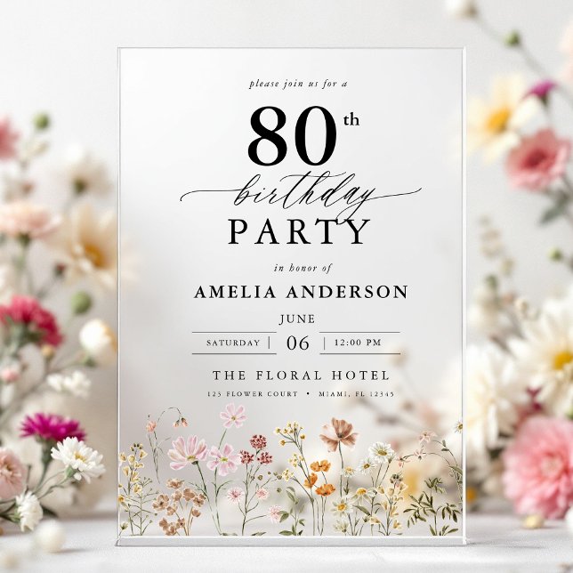 Invitaciones Acrílicas Caligrafía floral de jardín 80º cumpleaños (Subido por el creador)