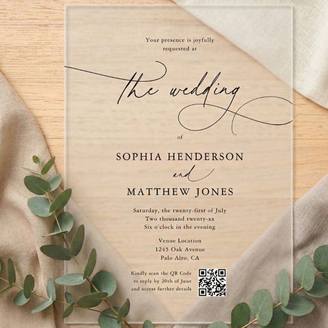 Invitaciones Acrílicas Caligrafía minimalista Boda de QR Cod (Subido por el creador)
