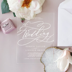 Invitaciones Acrílicas Caligrafía romántica Boda clásico elegante blanco
