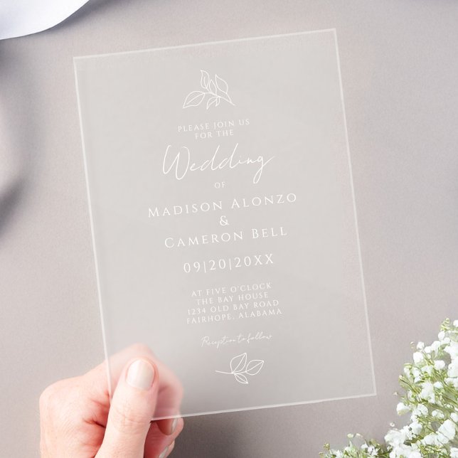 Invitaciones Acrílicas Caligrafía romántica clásica botánica moderna (Subido por el creador)