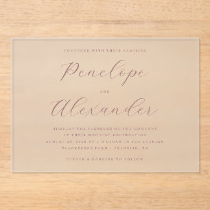 Invitaciones Acrílicas Caligrafía Rosa Silenciada Elegante