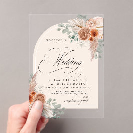 Invitaciones Acrílicas Caligrafía rusa Boho Terracotta Pampas Boda