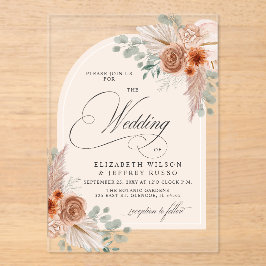 Invitaciones Acrílicas Caligrafía rusa Boho Terracotta Pampas Boda