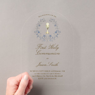 Invitaciones Acrílicas cáliz de Primera Comunión follaje azul