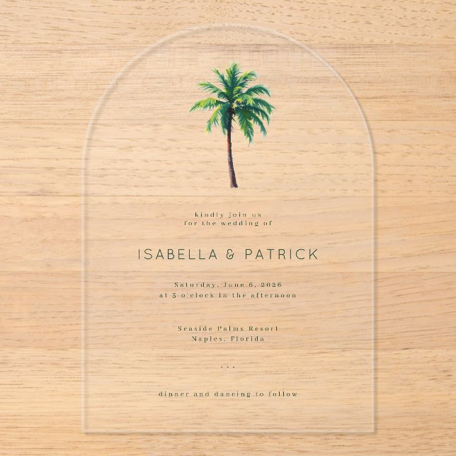 Invitaciones Acrílicas Calm Green Palm Tree (Anverso)
