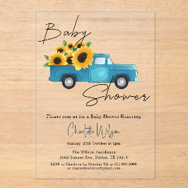 Invitaciones Acrílicas Camión acuarela con Baby Shower girasol