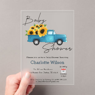 Invitaciones Acrílicas Camión de acuarela con regadera de bebé de girasol