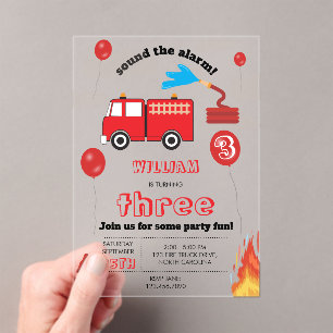 Invitaciones Acrílicas Camión de bomberos rojo Fiesta de cumpleaños de ni
