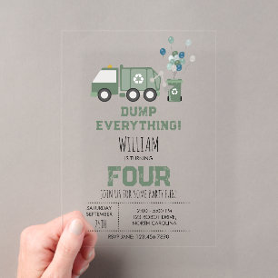 Invitaciones Acrílicas Camión de reciclaje verde lindo niños vehículos cu