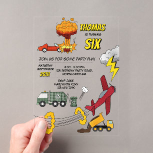 Invitaciones Acrílicas Camiones Coches Vehículos Aviones Cumpleaños de Có