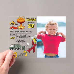 Invitaciones Acrílicas Camiones Coches Vehículos Aviones Cumpleaños de Có