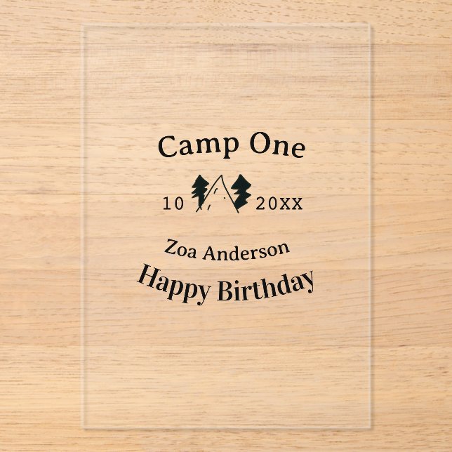 Invitaciones Acrílicas Camp one happy birthday name date campingadventure (Anverso)