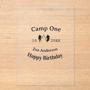 Invitaciones Acrílicas Campamento un feliz cumpleaños nombre fecha campin