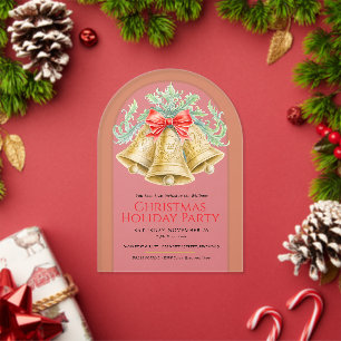 Invitaciones Acrílicas Campanas doradas de Navidad y lazo rojo