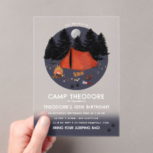 Invitaciones Acrílicas Camping Outdoor Adventure Campfire Fiesta de cumpl